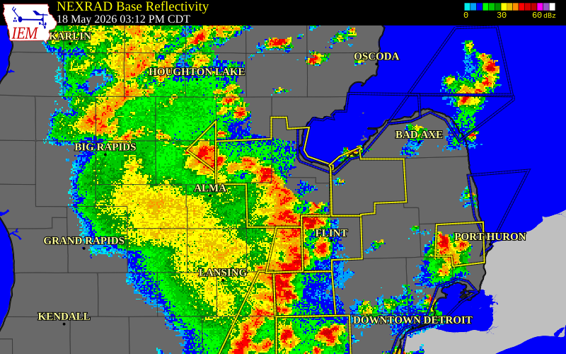 NEXRAD radar during the Monday, May 18, 2026 storm activity in Saginaw County, Michigan