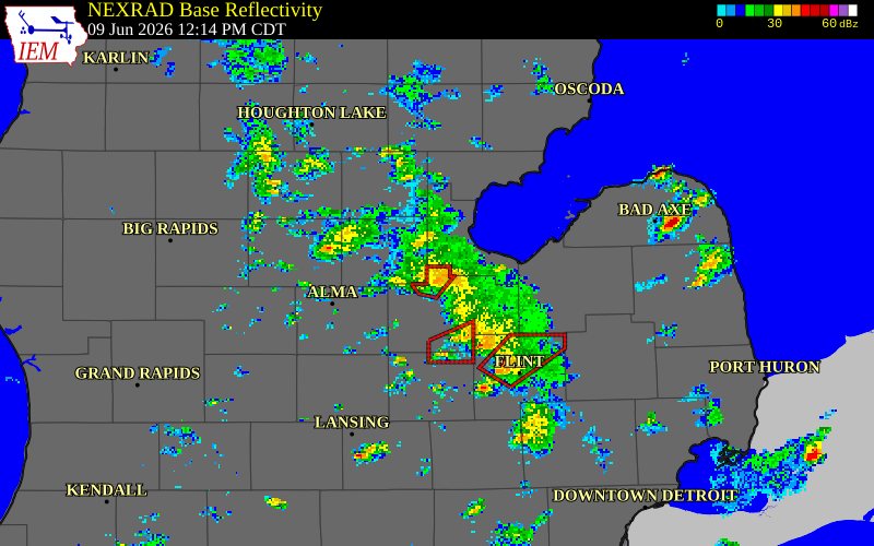 NEXRAD radar during the Tuesday, June 9, 2026 storm activity in Saginaw County, Michigan