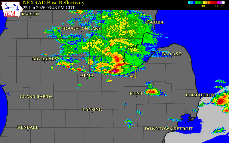 NEXRAD radar during the Thursday, June 25, 2026 storm activity in Saginaw County, Michigan