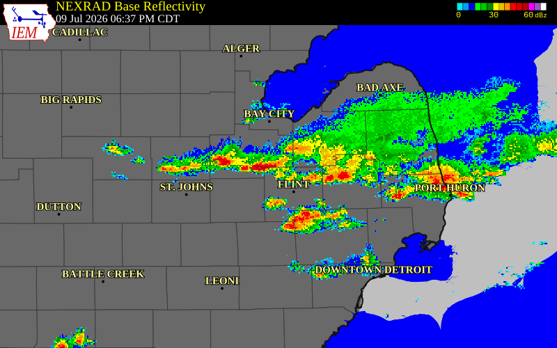 NEXRAD radar during the Thursday, July 9, 2026 storm activity in Saginaw County, Michigan