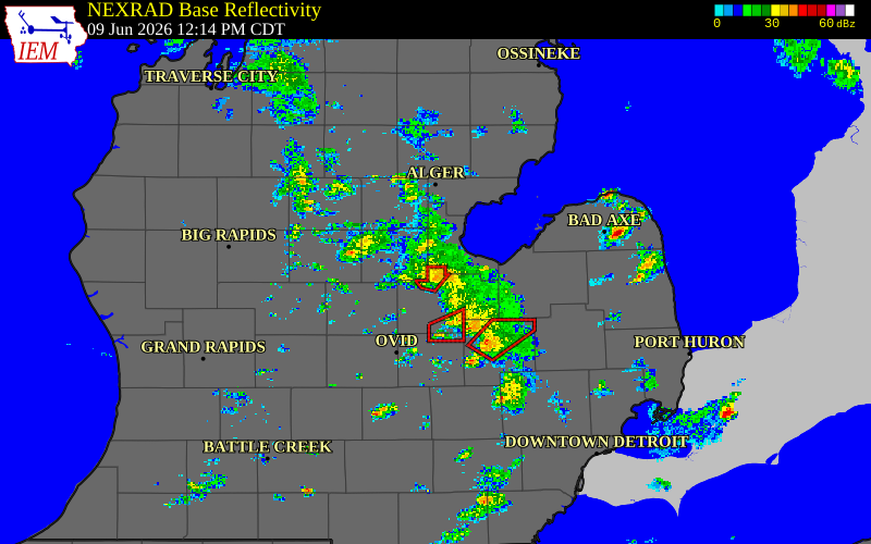 Radar snapshot during the Jun 9, 2026 tornado event near 1 N Freeland, Saginaw County, Michigan, with NWS warning polygons