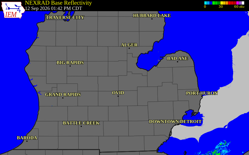 Current NEXRAD radar over Saginaw County, Michigan with recent storm report locations