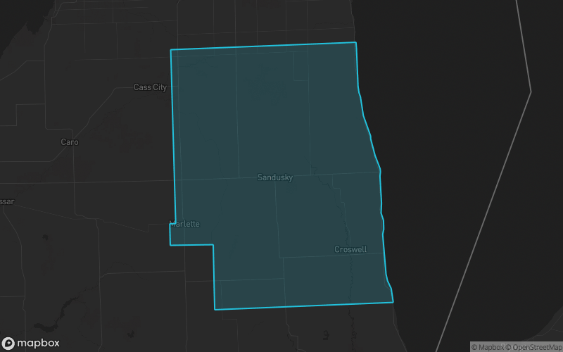 Map of Sanilac County, Michigan showing the county boundary and surrounding cities
