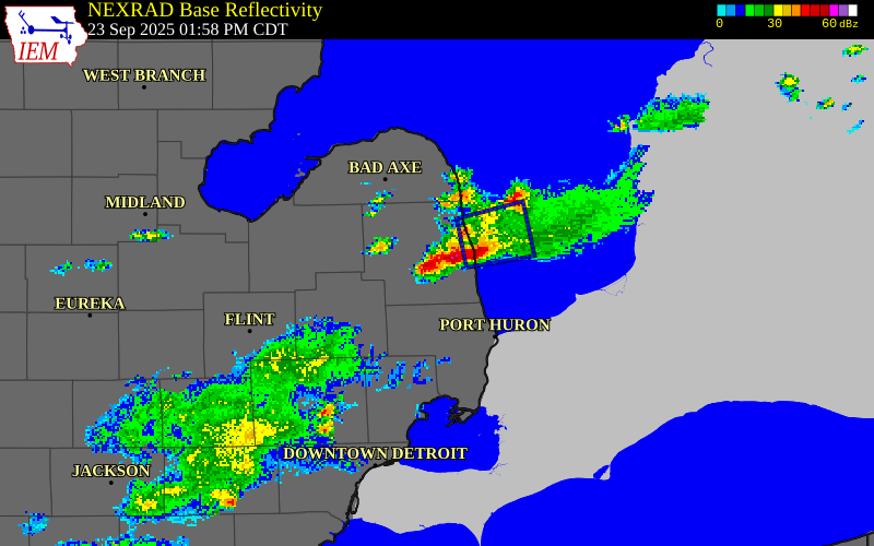 NEXRAD radar during the Tuesday, September 23, 2025 storm activity in Sanilac County, Michigan