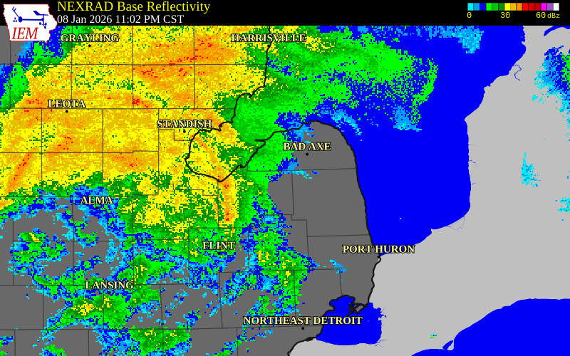 NEXRAD radar during the Friday, January 9, 2026 storm activity in Sanilac County, Michigan