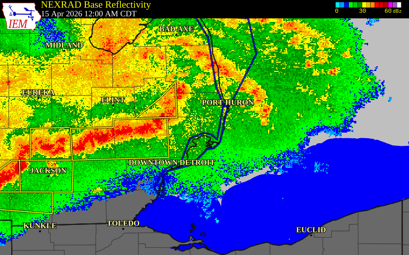 NEXRAD radar during the Wednesday, April 15, 2026 storm activity in Sanilac County, Michigan