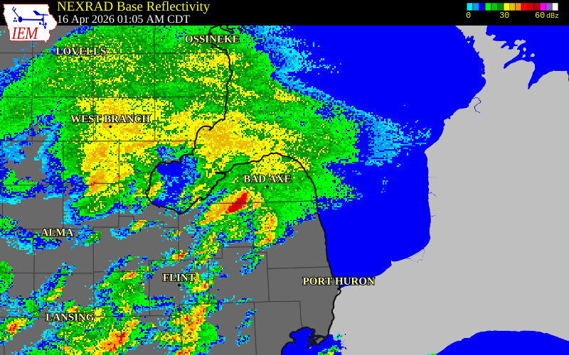 NEXRAD radar during the Thursday, April 16, 2026 storm activity in Sanilac County, Michigan