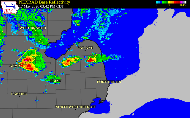 NEXRAD radar during the Sunday, May 17, 2026 storm activity in Sanilac County, Michigan