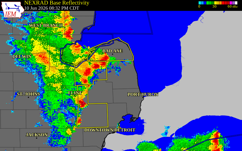 NEXRAD radar during the Wednesday, June 10, 2026 storm activity in Sanilac County, Michigan
