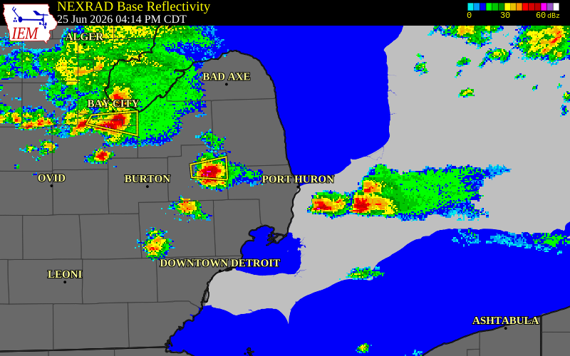 NEXRAD radar during the Thursday, June 25, 2026 storm activity in Sanilac County, Michigan