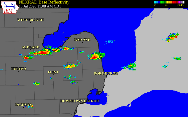 NEXRAD radar during the Saturday, July 18, 2026 storm activity in Sanilac County, Michigan