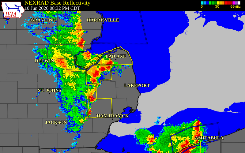 Radar snapshot during the Jun 10, 2026 wind event near Sanilac County, Sanilac County, Michigan, with NWS warning polygons