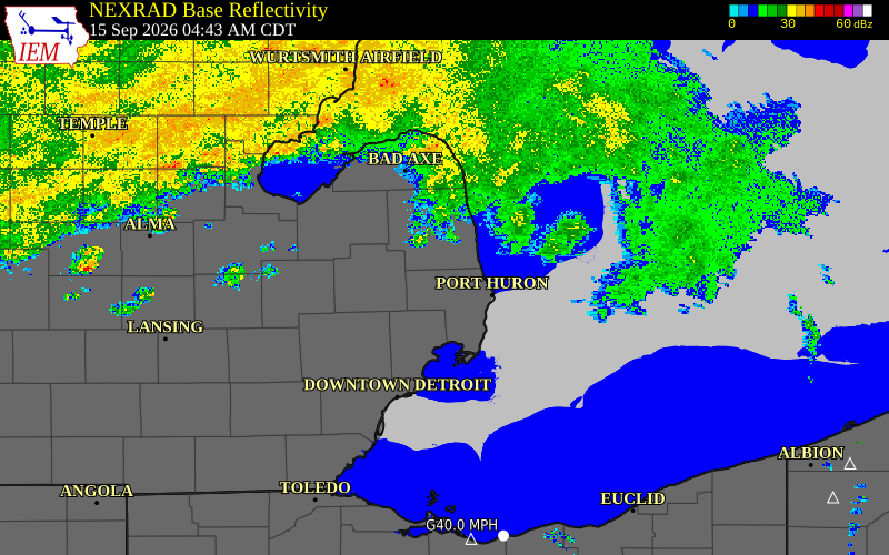 Current NEXRAD radar over Sanilac County, Michigan with recent storm report locations