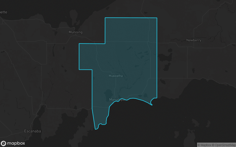 Map of Schoolcraft County, Michigan showing the county boundary and surrounding cities