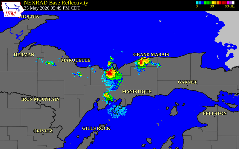 NEXRAD radar during the Monday, May 25, 2026 storm activity in Schoolcraft County, Michigan