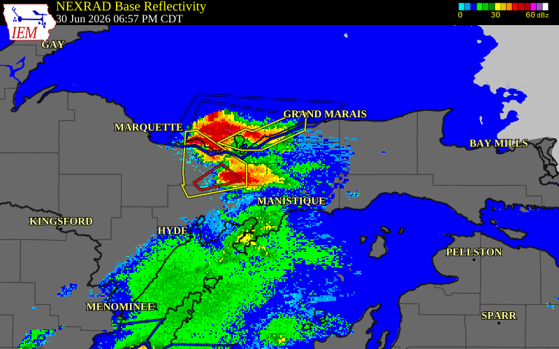 NEXRAD radar during the Tuesday, June 30, 2026 storm activity in Schoolcraft County, Michigan
