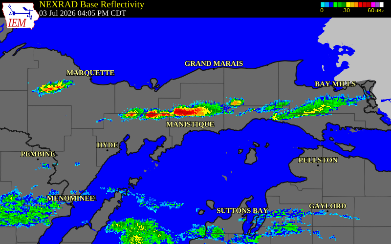 NEXRAD radar during the Friday, July 3, 2026 storm activity in Schoolcraft County, Michigan