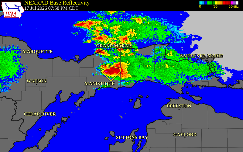 NEXRAD radar during the Friday, July 17, 2026 storm activity in Schoolcraft County, Michigan