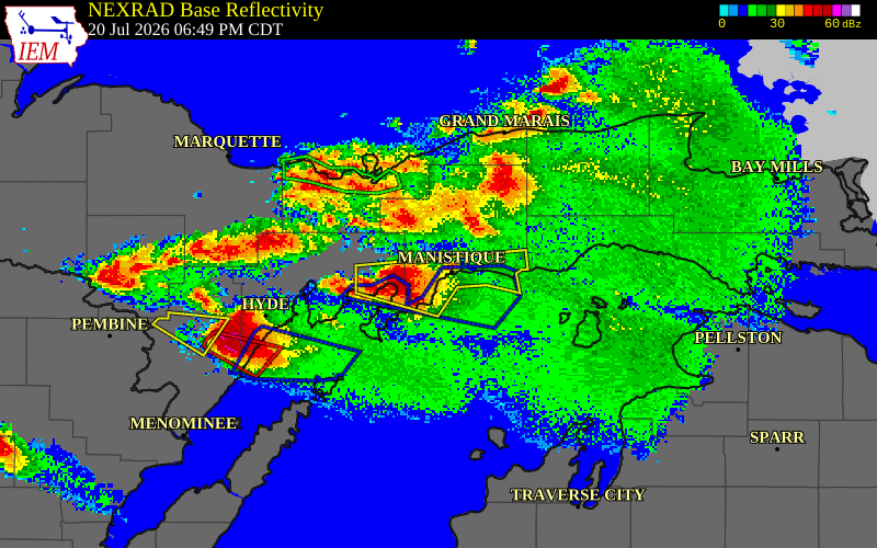 NEXRAD radar during the Monday, July 20, 2026 storm activity in Schoolcraft County, Michigan