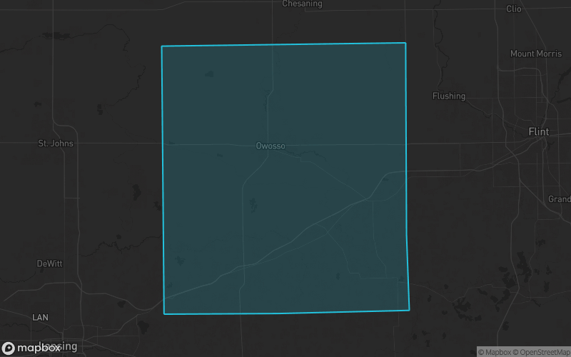 Map of Shiawassee County, Michigan showing the county boundary and surrounding cities