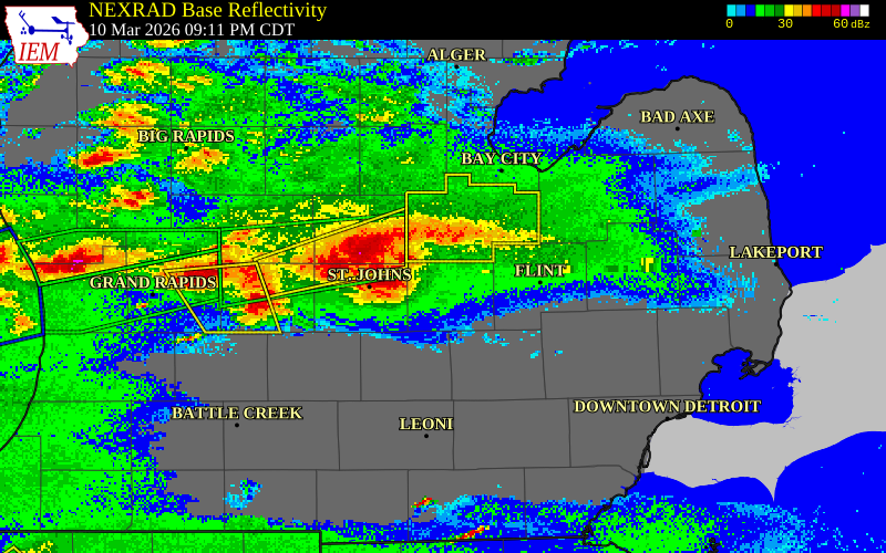 NEXRAD radar during the Tuesday, March 10, 2026 storm activity in Shiawassee County, Michigan