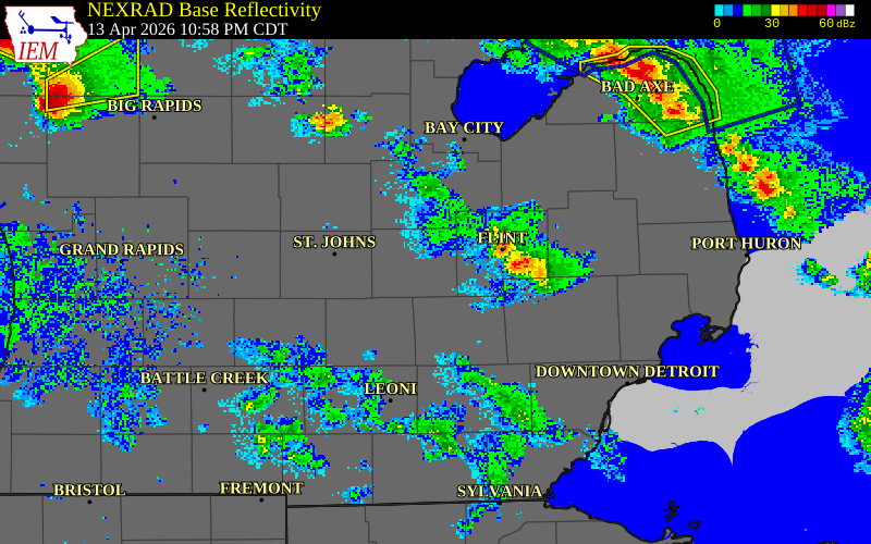 NEXRAD radar during the Monday, April 13, 2026 storm activity in Shiawassee County, Michigan