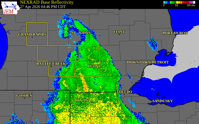 NEXRAD radar during the Monday, April 27, 2026 storm activity in Shiawassee County, Michigan