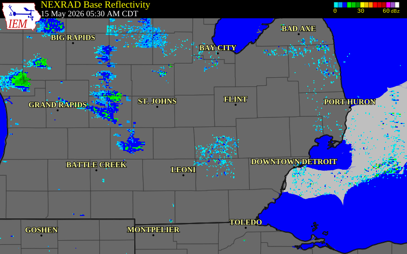 NEXRAD radar during the Friday, May 15, 2026 storm activity in Shiawassee County, Michigan