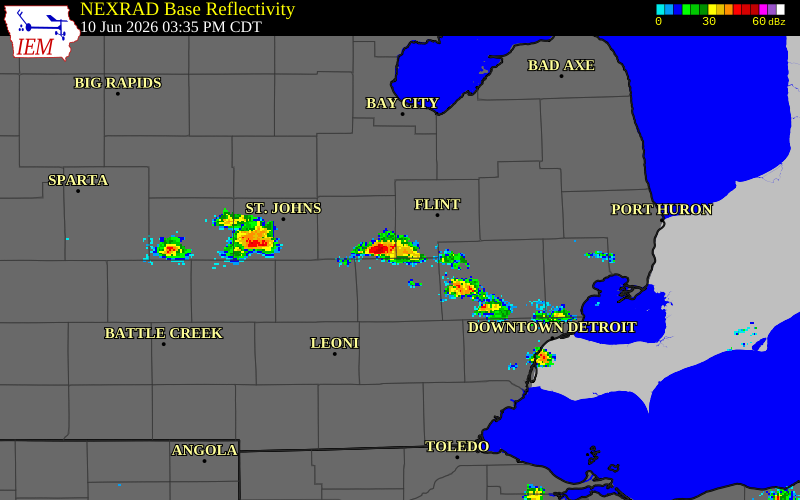 NEXRAD radar during the Wednesday, June 10, 2026 storm activity in Shiawassee County, Michigan