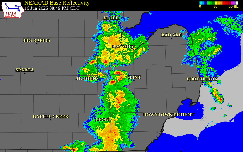 NEXRAD radar during the Tuesday, June 16, 2026 storm activity in Shiawassee County, Michigan