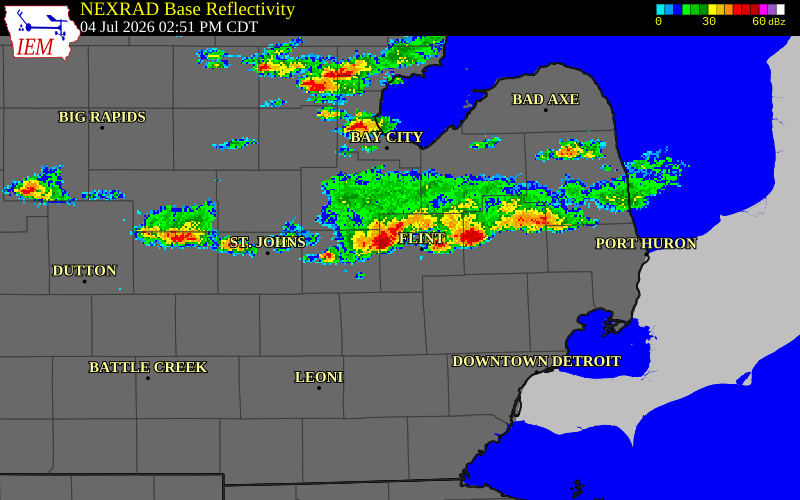 NEXRAD radar during the Saturday, July 4, 2026 storm activity in Shiawassee County, Michigan
