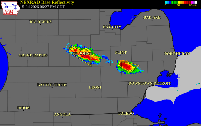 NEXRAD radar during the Wednesday, July 15, 2026 storm activity in Shiawassee County, Michigan
