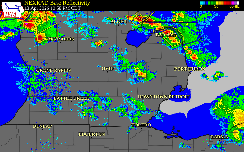 Radar snapshot during the Apr 13, 2026 tornado event near 1 E Newburg, Shiawassee County, Michigan, with NWS warning polygons