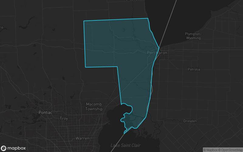 Map of St. Clair County, Michigan showing the county boundary and surrounding cities