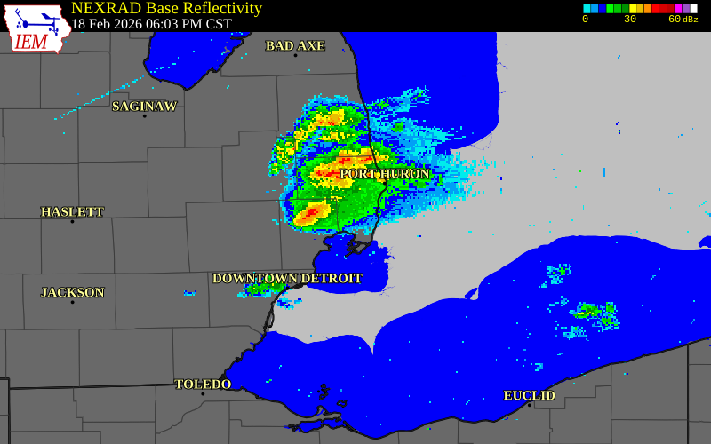 NEXRAD radar during the Wednesday, February 18, 2026 storm activity in St. Clair County, Michigan