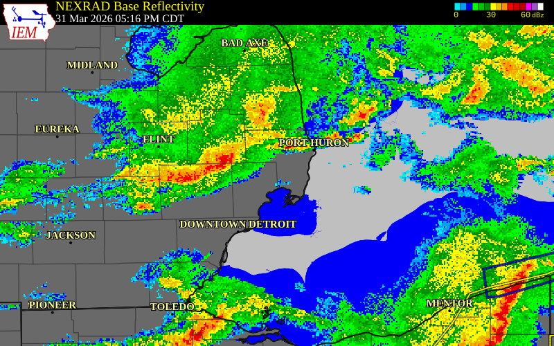 NEXRAD radar during the Tuesday, March 31, 2026 storm activity in St. Clair County, Michigan