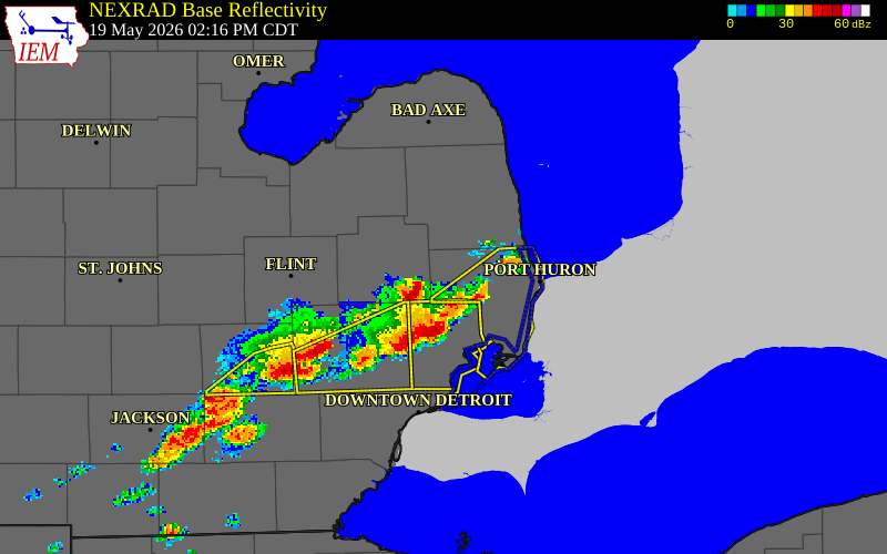 NEXRAD radar during the Tuesday, May 19, 2026 storm activity in St. Clair County, Michigan