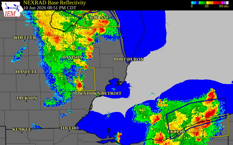 NEXRAD radar during the Wednesday, June 10, 2026 storm activity in St. Clair County, Michigan