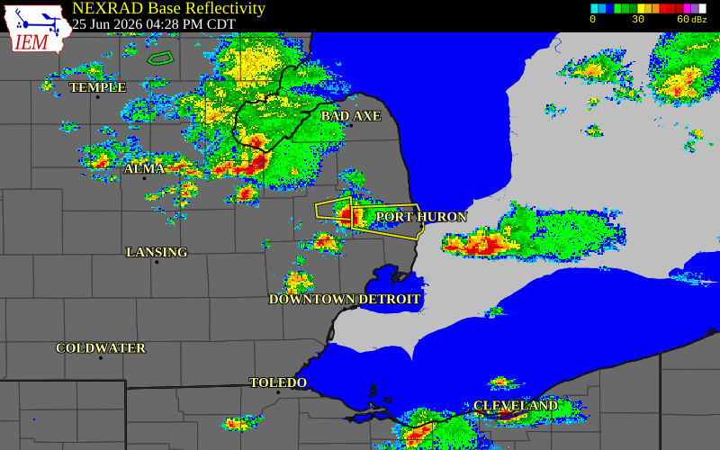 Radar snapshot during the Jun 25, 2026 hail event near Capac, St. Clair County, Michigan, with NWS warning polygons