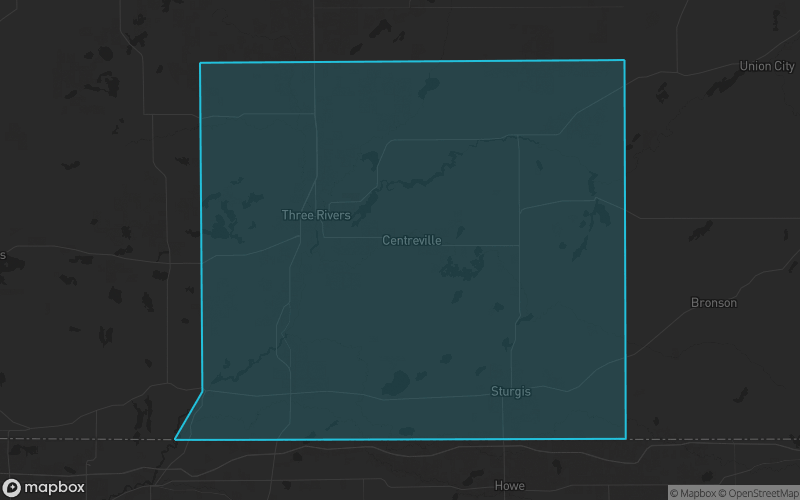 Map of St. Joseph County, Michigan showing the county boundary and surrounding cities