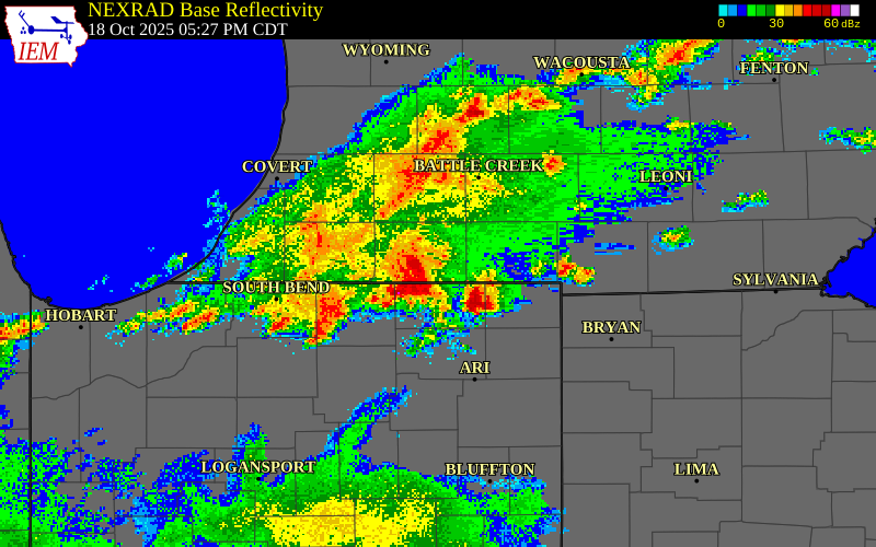 NEXRAD radar during the Saturday, October 18, 2025 storm activity in St. Joseph County, Michigan