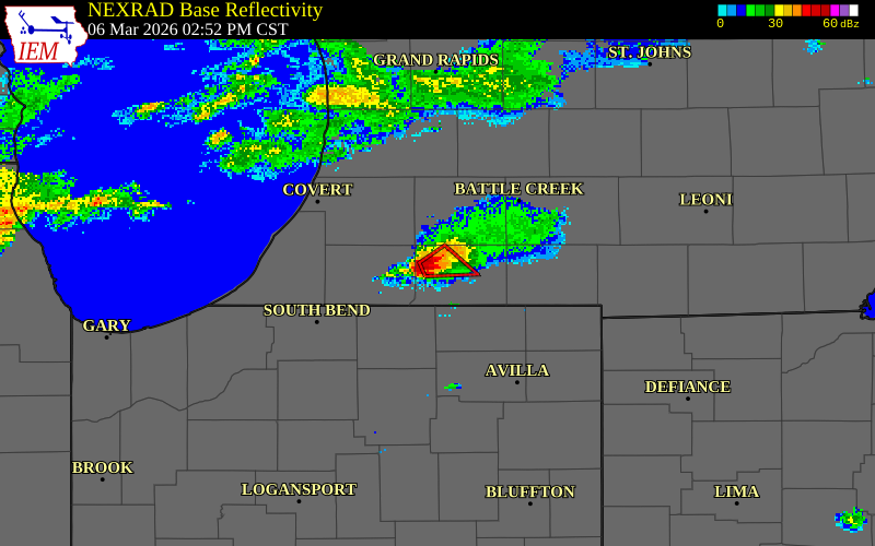 NEXRAD radar during the Friday, March 6, 2026 storm activity in St. Joseph County, Michigan