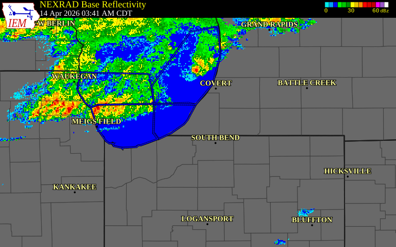 NEXRAD radar during the Tuesday, April 14, 2026 storm activity in St. Joseph County, Michigan