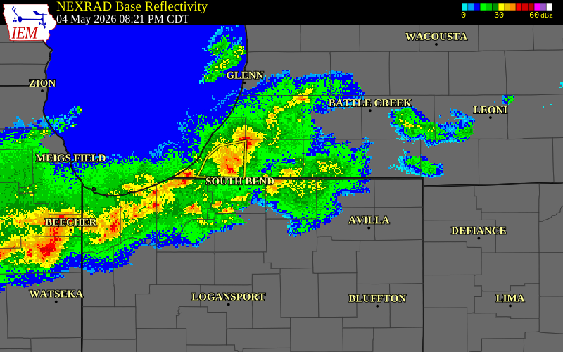 NEXRAD radar during the Monday, May 4, 2026 storm activity in St. Joseph County, Michigan