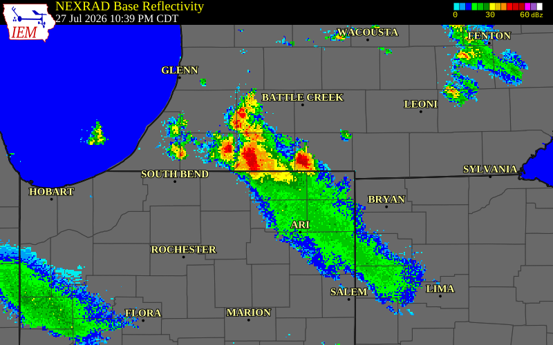 NEXRAD radar during the Monday, July 27, 2026 storm activity in St. Joseph County, Michigan
