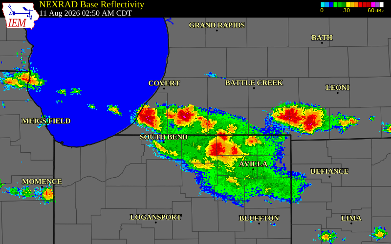 NEXRAD radar during the Tuesday, August 11, 2026 storm activity in St. Joseph County, Michigan