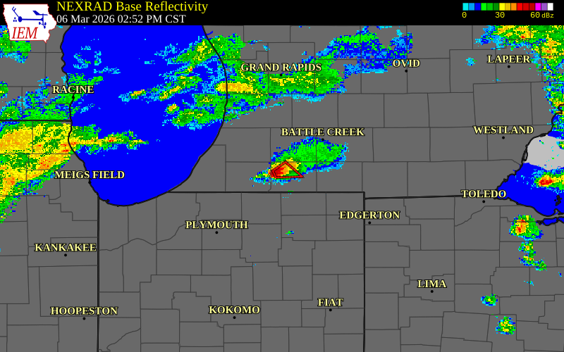 Radar snapshot during the Mar 6, 2026 tornado event near 1 SW Three Rivers, St. Joseph County, Michigan, with NWS warning polygons