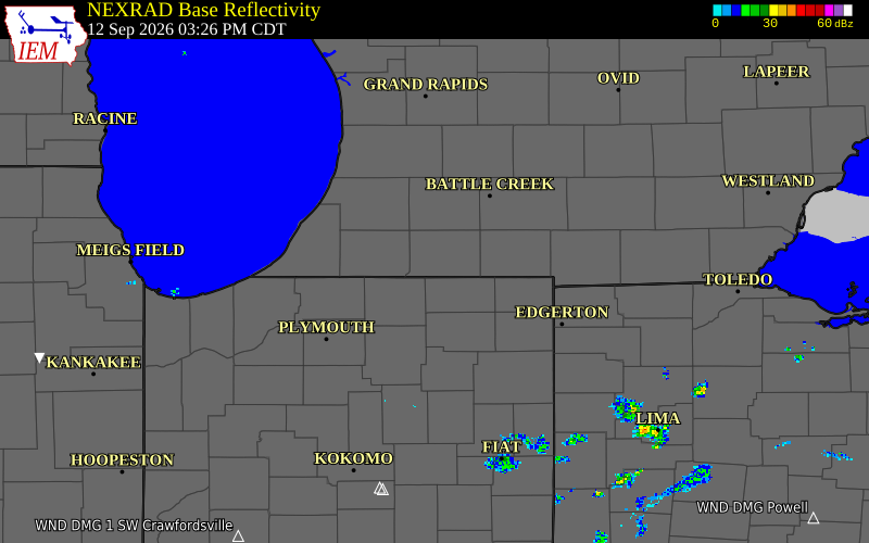 Current NEXRAD radar over St. Joseph County, Michigan with recent storm report locations