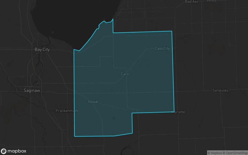 Map of Tuscola County, Michigan showing the county boundary and surrounding cities
