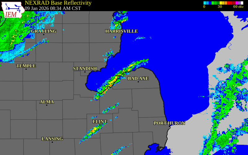 NEXRAD radar during the Friday, January 9, 2026 storm activity in Tuscola County, Michigan